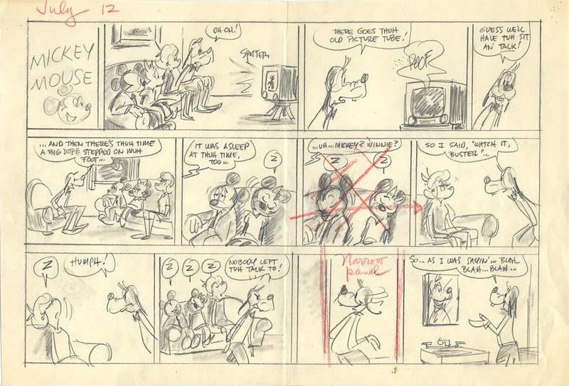 Mickey Mouse (1970) Original Sunday Comic Strip, Drawing, and Proof: Mickey, Minnie, Glory Bee, and Goofy