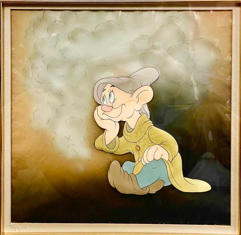 Snow White Original Production Cel on Courvoisier Background: Dopey (Framed)