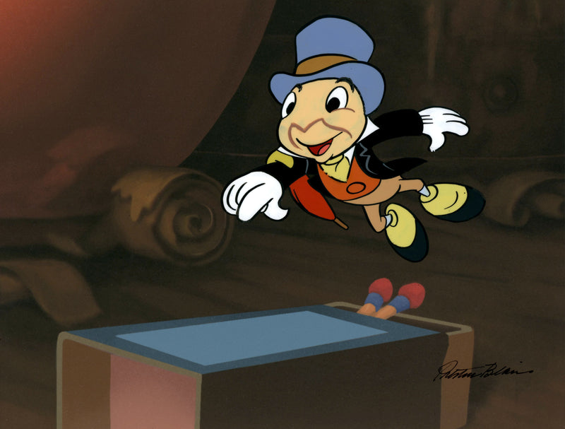 Jiminy Cricket Original Production Cel with Matching Drawing Signed by Preston Blair
