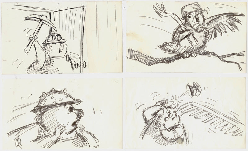 The Rescuers Storyboard Drawings (Set of 4): Deacon Owl, Digger, German Mouse, Ellie Mae