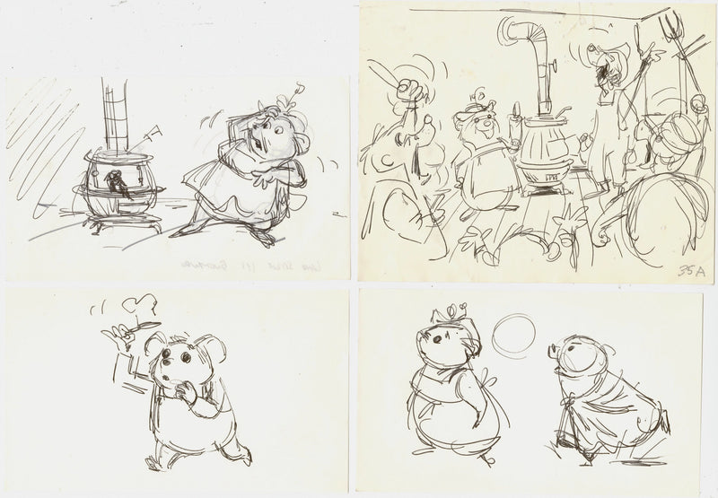 The Rescuers Storyboard Drawings (Set of 4): Bernard, Ellie Mae, Luke, Gramps