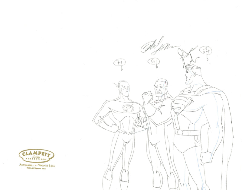 Justice League Original Production Drawing Signed by Phil LaMarr and George Newbern: Flash, Green Lantern, Superman