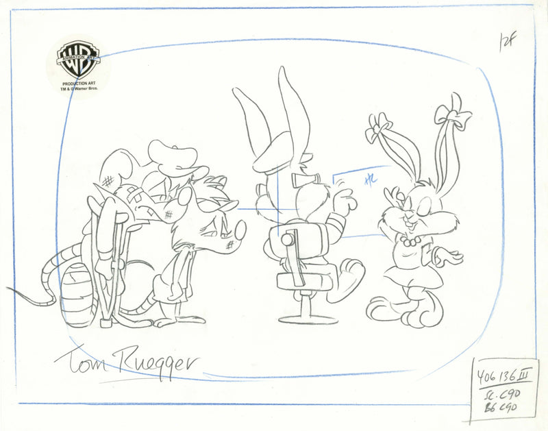 Tiny Toons Original Production Drawing Signed by Tom Ruegger: Buster, Babs, Roderick, Rhubella